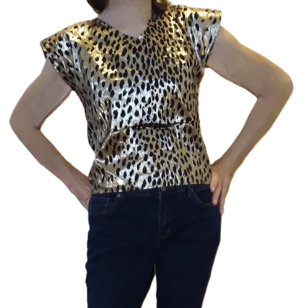Vintage 1980s Gold-Color Metallic Top w/ Black Fuzzy Leopard Pattern